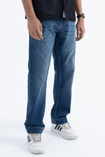 Load image into Gallery viewer, Blue straight leg denim jeans, front angle