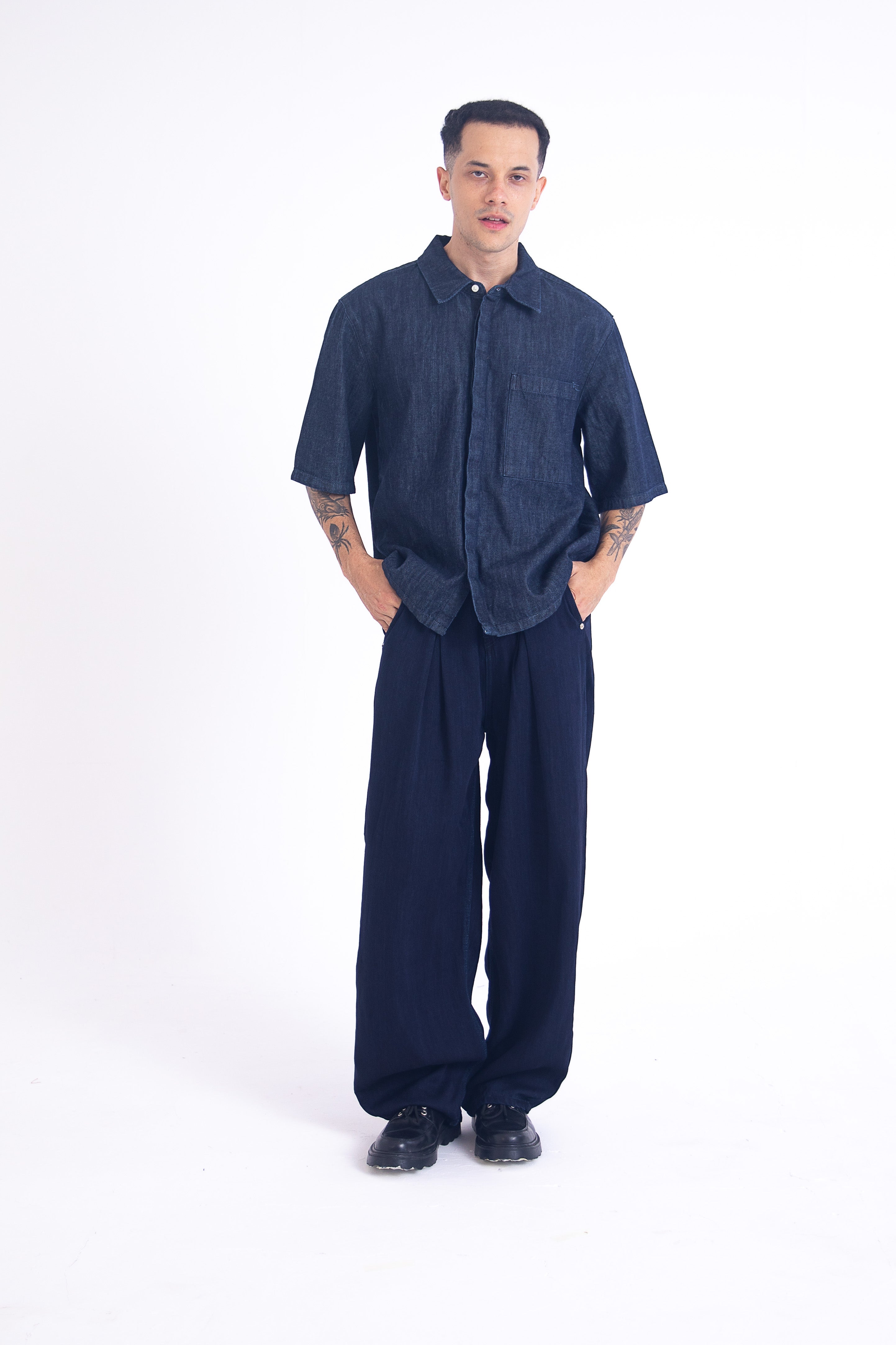 BlueJam Archive Pleated Jeans: Indigo Linen-Denim