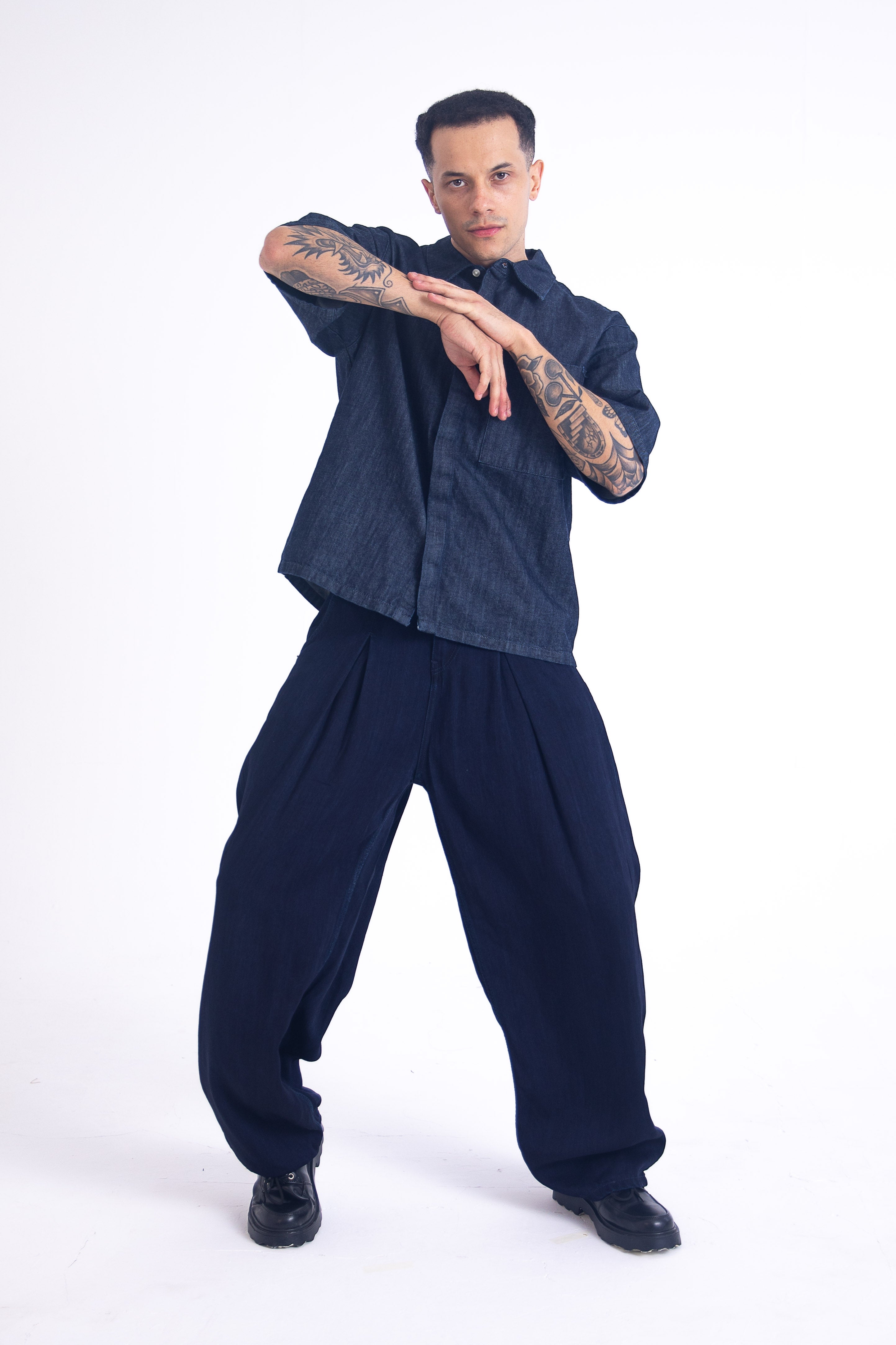 BlueJam Archive Pleated Jeans: Indigo Linen-Denim