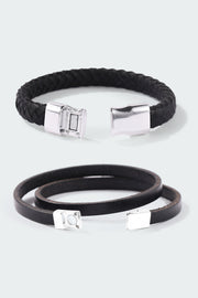 Set of 2: Black Braided Leather Bracelet
