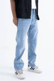 light blue denim straight leg jeans, front angle